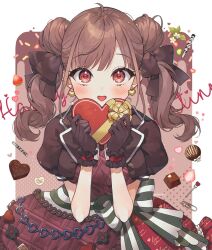 Rule 34 | 1girl, ahoge, artist name, black gloves, blush, bow, box, brown bow, brown dress, copyright request, cowboy shot, dalrye v3, double bun, dress, earrings, gloves, hair bow, hair bun, hands up, happy, heart, heart-shaped box, heart earrings, highres, holding, holding box, jewelry, puffy short sleeves, puffy sleeves, red dress, red eyes, short sleeves, smile, solo, white background