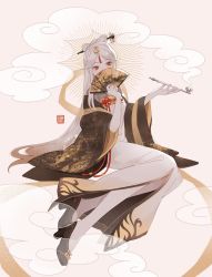 1girl, aya (8819062), bangs, breasts, chinese clothes, cloud, commentary, covered mouth, dress, english commentary, fan, folding fan, genshin impact, hair ornament, hairpin, hanfu, high heels, highres, holding, holding fan, holding pipe, long hair, ningguang (genshin impact), parted bangs, pipe, red eyes, sidelocks, solo, symbol commentary, very long hair, white background, white hair, wide sleeves