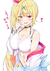 Rule 34 | 1girl, bare shoulders, blonde hair, blush, breasts, cleavage, commentary request, crop top, hair ornament, hand up, heart, heterochromia, highres, hoshikawa sara, hoshikawa sara (1st costume), kazumaru, large breasts, long hair, navel, nijisanji, open mouth, raised eyebrows, red eyes, shiny skin, shirt, side ponytail, simple background, smile, solo, tied shirt, virtual youtuber, white background, x hair ornament, yellow eyes