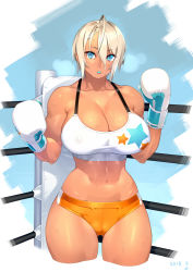 Rule 34 | 1girl, 23 (real xxiii), ahoge, bare shoulders, blonde hair, blue eyes, blush, boxing gloves, boxing ring, breasts, cleavage, clenched hands, collarbone, covered erect nipples, curvy, dark-skinned female, dark skin, female focus, gluteal fold, highres, huge breasts, large breasts, looking at viewer, midriff, mouth guard, navel, open mouth, original, sela (23), shiny skin, short hair, skin tight, skindentation, solo, sweat, tan, tank top, wide hips, wristband