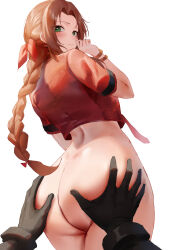 Rule 34 | 1girl, absurdres, aerith gainsborough, ass, ass grab, back, blush, bottomless, bracelet, braid, braided ponytail, brown hair, cropped jacket, final fantasy, final fantasy vii, final fantasy vii remake, green eyes, hair ribbon, highres, jacket, jewelry, long hair, looking at viewer, looking back, parted bangs, red jacket, ribbon, rororo, short sleeves, solo focus