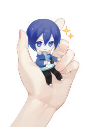 Rule 34 | 1boy, 1other, absurdres, blue eyes, blue hair, chibi, commentary, cropped arm, dripping, food, full body, hair between eyes, highres, holding, holding food, ice cream, jacket, jewelry, kaito (vocaloid), male focus, mini person, miniboy, necklace, open clothes, open jacket, pale skin, pants, project sekai, shirt, shoes, short hair, simple background, sitting, smile, sparkle, t-shirt, vivid bad squad kaito, vocaloid, white background, yunpianer