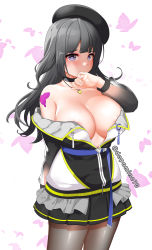 Rule 34 | 1girl, areola slip, bang dream!, bare shoulders, beret, black choker, black hair, black hat, black jacket, black pantyhose, black skirt, blunt bangs, blush, breasts, butterfly background, butterfly tattoo, choker, cleavage, collarbone, commentary, covering own mouth, cowboy shot, dopamine70, hand up, hat, highres, jacket, jewelry, large breasts, long hair, long sleeves, migikata no chou (vocaloid), miniskirt, multicolored clothes, multicolored jacket, necklace, off shoulder, pantyhose, partially unzipped, pleated skirt, purple eyes, shirokane rinko, shoulder tattoo, sidelocks, skirt, solo, standing, tattoo, twitter username, two-tone jacket, underbust, vocaloid, white background, white jacket