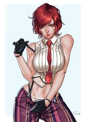 Rule 34 | 1girl, bare arms, bare shoulders, breasts, commission, gloves, highres, large breasts, looking at viewer, midriff, navel, necktie, one eye closed, pants, pinstripe pants, pinstripe pattern, red eyes, red hair, sleeveless, snk, solo, striped, superbull, suspenders, the king of fighters, the king of fighters xv, vanessa (kof)