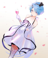 Rule 34 | 1girl, aak, absurdres, alcohol, bad id, bad pixiv id, bare shoulders, black hairband, black ribbon, blue hair, blurry, blurry background, brown background, cup, depth of field, dress, drinking glass, dutch angle, girls&#039; frontline, gloves, gradient background, hair ornament, hairband, halterneck, hat, highres, holding, holding cup, holding drinking glass, mini hat, petals, purple eyes, ribbon, see-through, short hair, solo, thighhighs, white background, white dress, white gloves, white thighhighs, wine, wine glass, zas m21 (girls&#039; frontline)
