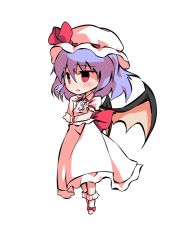 Rule 34 | 1girl, bat wings, black eyes, blush, bow, chibi, collar, collared dress, dairi, dress, full body, hair between eyes, hands up, hat, hat ribbon, looking to the side, mob cap, no shoes, open mouth, pink eyes, puffy short sleeves, puffy sleeves, purple hair, red bow, red ribbon, remilia scarlet, ribbon, short hair, short sleeves, simple background, socks, solo, standing, tachi-e, touhou, transparent background, white background, white dress, white hat, white sleeves, white socks, wings, wrist cuffs
