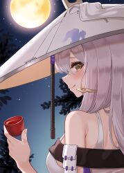 Rule 34 | 1girl, :q, absurdres, alcohol, armor, blush, breasts, closed mouth, from behind, full moon, goddess of victory: nikke, grey hair, hat, highres, holding, japanese armor, jingasa, large breasts, large hat, long hair, looking at viewer, moon, night, sakae (sakae5185), sake, scarlet (nikke), shoulder armor, sode, solo, tongue, tongue out, yellow eyes