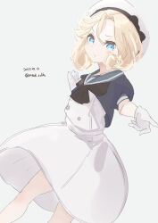 Rule 34 | 1girl, absurdres, blonde hair, blue eyes, blue sailor collar, dated, dress, gloves, hat, highres, janus (kancolle), kantai collection, looking at viewer, one-hour drawing challenge, parted bangs, sailor collar, sailor dress, sailor hat, satsuki tooka, short hair, short sleeves, simple background, solo, white background, white dress, white gloves, white hat