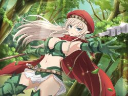 Rule 34 | 1girl, alleyne (queen&#039;s blade), alleyne (queen's blade), belt, beret, blonde hair, blue eyes, boots, bra, breasts, brown belt, cape, cleavage, crossover, day, elbow gloves, fighting master alleyne, forest, gloves, green bra, green footwear, green gloves, hat, holding, holding polearm, holding weapon, large breasts, long hair, looking at viewer, nature, navel, official art, open mouth, outdoors, pointy ears, polearm, queen&#039;s blade, red cape, red hat, senran kagura, senran kagura new link, solo, thigh boots, tree, underwear, weapon, white loincloth