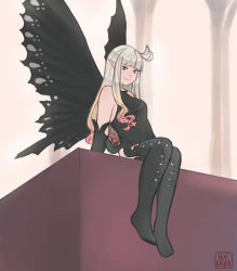 Rule 34 | 1girl, anne (bravely second), antenna hair, artist name, black footwear, black gloves, black leotard, black thighhighs, blue eyes, boots, bravely default (series), bravely second: end layer, butterfly wings, elbow gloves, fairy, full body, gloves, ilverna, insect wings, legs, leotard, long hair, pointy ears, silver hair, sitting, smile, solo, thigh boots, thighhighs, wings