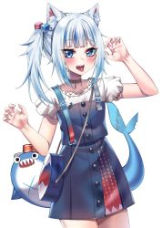 Rule 34 | 1girl, animal ears, bloop (gawr gura), blue bag, blue eyes, blue hair, blue skirt, blush, cat ears, claw pose, cowboy shot, fins, fish tail, gawr gura, gawr gura (casual), google (asdek18), hair ornament, highres, hololive, hololive english, long hair, looking at viewer, multicolored hair, official alternate costume, open mouth, shark tail, sharp teeth, shirt, short sleeves, side ponytail, simple background, skirt, smile, streaked hair, tail, teeth, tongue, tongue out, upper teeth only, virtual youtuber, white background, white hair, white shirt