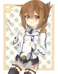 Rule 34 | 1girl, alternate costume, bad id, bad pixiv id, bespectacled, black thighhighs, blush, breasts, brown hair, collared shirt, cosplay, epaulettes, folded ponytail, garter straps, glasses, gloves, hair ornament, hairclip, inazuma (kancolle), jacket, kantai collection, katori (kancolle), katori (kancolle) (cosplay), long hair, looking at viewer, military, military uniform, miniskirt, nanodesu (phrase), necktie, parted bangs, pointer, rateratte, riding crop, rimless eyewear, shirt, skirt, small breasts, smile, solo, thighhighs, uniform, white gloves