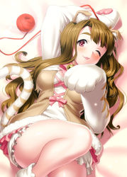 Rule 34 | animal ear fluff, animal ears, animal hands, breasts, brown hair, highres, idolmaster, idolmaster million live!, idolmaster million live! theater days, long hair, long sleeves, lying, medium breasts, miniskirt, miyao miya, on back, on bed, skirt, solo, tail, thighs, tiger paws, tiger tail, zen
