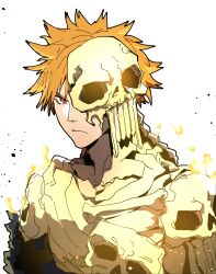 Rule 34 | 1boy, absurdres, angry, bleach, bleach: jigoku-hen, bone armor, brown eyes, burning, closed mouth, fire, from side, glowing, highres, isaacchief300, kurosaki ichigo, looking at viewer, male focus, mask, mask over one eye, official alternate costume, one eye covered, orange hair, paint splatter, shinigami, simple background, skull, skull mask, solo, spiked hair, unworn mask, upper body, v-shaped eyebrows, white background
