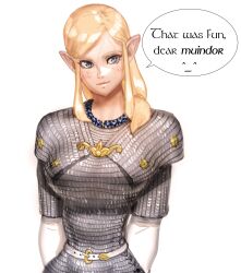 Rule 34 | 1girl, absurdres, armor, bad id, bad twitter id, blonde hair, blue eyes, breasts, chainmail, closed mouth, freckles, highres, large breasts, long hair, looking at viewer, original, pointy ears, simple background, smile, solo, upper body, wass nonnam, white background
