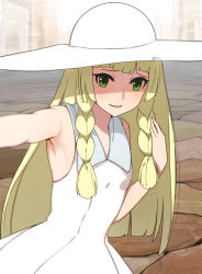 Rule 34 | 1girl, armpits, bare arms, blonde hair, blunt bangs, braid, breasts, collared dress, commentary request, creatures (company), dress, game freak, green eyes, hat, highres, lillie (pokemon), long hair, looking at viewer, nintendo, open mouth, outstretched arm, pokemon, pokemon sm, reaching, reaching towards viewer, selfie, sente, sleeveless, sleeveless dress, small breasts, smile, solo, standing, sun hat, sundress, twin braids, white dress, white hat