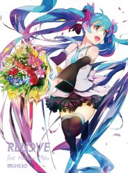 Rule 34 | 1girl, apapico, aqua hair, blue hair, bouquet, character name, detached sleeves, double bun, flower, full body, hatsune miku, highres, long hair, necktie, open mouth, skirt, solo, thighhighs, twintails, very long hair, vocaloid, white background