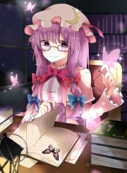 Rule 34 | 1girl, bad id, bad pixiv id, bespectacled, blush, book, book stack, bug, butterfly, capelet, crescent, dress, glasses, hair ornament, hair ribbon, hat, highres, insect, long hair, long sleeves, mob cap, nail polish, open book, patchouli knowledge, purple eyes, purple hair, red-framed eyewear, ribbon, shizuku (puti 0414), sitting, smile, solo, sparkle, striped clothes, striped dress, touhou, vest, wide sleeves