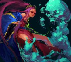 Rule 34 | 1girl, blue kimono, closed mouth, fate/grand order, fate (series), floating hair, inishie kumo, japanese clothes, kimono, long hair, long sleeves, looking at viewer, off shoulder, pelvic curtain, pink eyes, pink hair, skull, solo, very long hair, wu zetian (fate), wu zetian (first ascension) (fate)