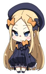 Rule 34 | 1girl, abigail williams (fate), black bow, black dress, black footwear, black hat, blonde hair, bloomers, blue eyes, blush, bow, bug, butterfly, chibi, closed mouth, dress, fate/grand order, fate (series), full body, hair bow, hands in opposite sleeves, hat, head tilt, hugging object, insect, kaname nagi, long hair, long sleeves, looking at viewer, orange bow, parted bangs, polka dot, polka dot bow, shoes, simple background, smile, solo, standing, stuffed animal, stuffed toy, teddy bear, underwear, very long hair, white background, white bloomers