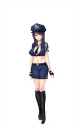 Rule 34 | 1girl, absurdres, black footwear, blue eyes, blue skirt, blush, boots, breasts, cleavage, closed mouth, cosplay, feet, fingerless gloves, full body, gloves, hat, highres, hitotsumami: relaxation series, large breasts, legs, long hair, looking at viewer, midriff, navel, necktie, original, pencil skirt, police, police uniform, policewoman, purple hair, skirt, smile, solo, thighs, transparent background, uniform, yatsuha kanan