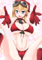 Rule 34 | 1girl, aiyoku no penguin-tou koukuu tai, bikini, black ribbon, blonde hair, blue eyes, boots, braid, breasts, cameltoe, christmas, cleavage, closed mouth, collar, commentary, detached collar, elbow gloves, front-tie bikini top, front-tie top, gloves, goggles, goggles on head, hair ribbon, hat, highres, izusaki aisu, large breasts, looking at viewer, multicolored background, navel, necktie, reaching, reaching towards viewer, red bikini, red collar, red footwear, red gloves, red hat, ribbon, santa bikini, santa boots, santa gloves, santa hat, short hair, sitting, smile, solo, spread legs, string bikini, swimsuit, tokihama jirou