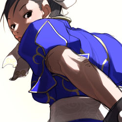 Rule 34 | 1girl, black hair, bracelet, breasts, bun cover, capcom, china dress, chinese clothes, chun-li, double bun, dress, falcoon, female focus, jewelry, looking back, nose, sash, short hair, solo, spiked bracelet, spikes, street fighter, white background