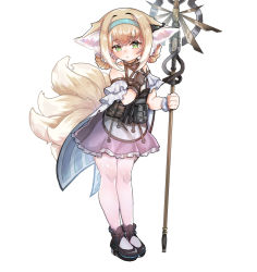 Rule 34 | 1girl, animal ears, arknights, bare shoulders, black gloves, blonde hair, braid, closed mouth, commentary, fox ears, fox girl, fox tail, freehoney, frilled skirt, frills, full body, gloves, green eyes, hair between eyes, hair ornament, halterneck, hand on own chest, headband, high heels, highres, holding, holding staff, infection monitor (arknights), material growth, oripathy lesion (arknights), pantyhose, pouch, sidelocks, simple background, single glove, single wrist cuff, skirt, solo, staff, suzuran (arknights), tail, white background, white pantyhose, wrist cuffs