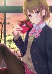 Rule 34 | 1girl, aimori meguru, bare tree, black jacket, black pantyhose, blazer, blurry, blurry background, bow, bowtie, box, brown hair, cardigan, closed mouth, collared shirt, commentary request, depth of field, fingernails, gift, gift box, hair ornament, hairclip, head tilt, highres, holding, holding gift, indoors, jacket, long sleeves, looking at viewer, nail polish, open clothes, open jacket, original, pantyhose, pink bow, pink bowtie, pink nails, pink skirt, plaid, plaid skirt, pleated skirt, school uniform, shirt, sitting, skirt, solo, sunset, tree, valentine, white shirt, x hair ornament