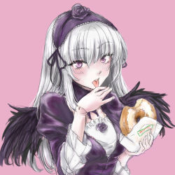 Rule 34 | 00s, 1girl, doll joints, doughnut, food, joints, krispy kreme, licking, long hair, looking at viewer, osakana (denpa yun&#039;yun), pale skin, pink background, purple eyes, rozen maiden, silver hair, simple background, sketch, solo, suigintou, tongue, upper body, wings
