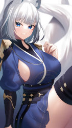 Rule 34 | 1girl, absurdres, animal ear fluff, animal ears, azur lane, black thighhighs, blue eyes, blue shirt, blue skirt, breasts, commentary request, eyelashes, fox ears, fox tail, from side, hand up, highres, kaga (azur lane), kaga (dusk-simurgh&#039;s vigil) (azur lane), large breasts, looking at viewer, looking to the side, official alternate costume, paid reward available, puffy sleeves, seele0907, shirt, short hair, sideboob, silver hair, sitting, skirt, smile, solo, tail, thighhighs, thighs