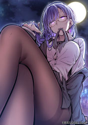 Rule 34 | 1girl, arm up, black pantyhose, breasts, crossed legs, eyebrows hidden by hair, fei luo mao, genshin impact, glasses, highres, large breasts, legs, long hair, looking at viewer, moon, mouth hold, night, night sky, office lady, pantyhose, purple eyes, purple hair, raiden shogun, ribbon, sitting, sky, smile, solo