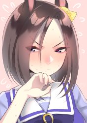 Rule 34 | 1girl, absurdres, air groove (umamusume), animal ears, blue eyes, blush, close-up, closed mouth, commentary request, embarrassed, eyes visible through hair, fingernails, forehead, hair ornament, hand up, highres, horse ears, horse girl, looking to the side, multicolored eyes, parted bangs, pink background, purple eyes, school uniform, short sleeves, simple background, solo, sweat, sweatdrop, tsuki no minato, umamusume, upper body, v-shaped eyebrows