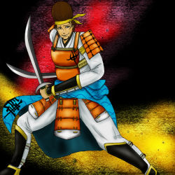 Rule 34 | 1boy, alternate costume, armor, brown hair, japanese clothes, male focus, one piece, solo, thatch, weapon