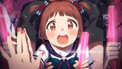 Rule 34 | 1girl, :d, :o, blush, bow, brown eyes, brown hair, eye contact, glowstick, hair bow, hand grab, idolmaster, idolmaster million live!, idolmaster million live! theater days, indoors, looking at another, matsuda arisa, nail polish, official art, open mouth, pink nails, short sleeves, short twintails, smile, solo focus, twintails, aged down