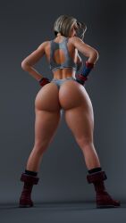 Rule 34 | 1girl, absurdres, ass, blonde hair, boots, bra, calvin klein, cammy white, cpt-flapjack, curvy, female focus, from behind, gauntlets, hands on own hips, highres, huge ass, jacket, panties, short hair, simple background, source request, street fighter, street fighter 6, thick thighs, thighs, underwear, union jack