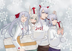 Rule 34 | 2021, 4girls, ak-12 (girls&#039; frontline), ak-15 (girls&#039; frontline), an-94 (girls&#039; frontline), aqua eyes, blonde hair, blush, box, closed mouth, defy (girls&#039; frontline), closed eyes, gift, girls&#039; frontline, hair ornament, hairclip, holding, holding box, holding gift, long hair, looking at viewer, multiple girls, open mouth, pants, purple eyes, rpk-16 (girls&#039; frontline), short hair, silayloe, silver hair, simple background, skirt, smile, snowflake background, sweater, upper body, white sweater