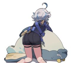 Rule 34 | 1girl, 1other, absurdres, ahoge, artist request, ass, barefoot, blubberbeast (genshin impact), blue hair, blue shorts, coat, from behind, furina (genshin impact), genshin impact, highres, hydro (genshin impact), kneeling, lying, multicolored hair, on back, short hair, short shorts, shorts, sleeping, streaked hair, two-tone hair, white hair