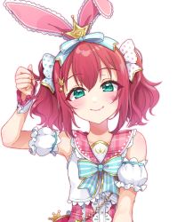 Rule 34 | 1girl, animal ears, aqua bow, aqua eyes, artist name, artist request, bare shoulders, blush, bow, breasts, collarbone, crown hair ornament, dress, female focus, frilled dress, frills, green eyes, hair between eyes, hair bow, hair ornament, highres, holding, holding own hair, kurosawa ruby, looking at viewer, love live!, love live! school idol festival, love live! school idol festival all stars, love live! sunshine!!, parted lips, pink shirt, playing with own hair, polka dot, polka dot bow, puffy short sleeves, puffy sleeves, rabbit ears, red hair, sailor collar, shirt, short hair, short sleeves, smile, solo, star (symbol), star hair ornament, striped, striped bow, twintails, white background, white bow, white wrist cuffs, wrist cuffs, yuzukinou