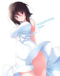 Rule 34 | 1girl, absurdres, arms behind back, blush, breasts, brown eyes, brown hair, casual, character name, closed mouth, commentary, covered navel, dress, dutch angle, english text, girls und panzer, gluteal fold, happy birthday, highres, kuzuryuu kennosuke, looking at viewer, looking down, medium breasts, nishizumi maho, short dress, short hair, simple background, sleeveless, sleeveless dress, smile, solo, standing, thigh gap, thighs, white background, white dress, wind, wind lift
