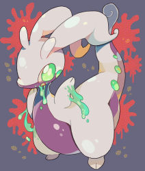 Rule 34 | akadako, animal focus, blue background, blush stickers, bright pupils, chibi, creatures (company), dragon, full body, game freak, gen 6 pokemon, goodra, green eyes, hands up, highres, looking at viewer, nintendo, no humans, one-hour drawing challenge, open mouth, pokemon, pokemon (creature), sideways mouth, slime (substance), solo, splatter background, standing, white pupils