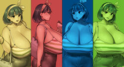 Rule 34 | 1girl, bag, blue background, blue hair, breasts, camisole, cleavage, earrings, erkaz, food, green background, hairband, huge breasts, ice cream, ice cream cone, jewelry, multiple views, original, parted lips, profile, red background, rina atherina, shadow, short hair, smile, strap gap, striped camisole, striped clothes, striped hairband, yellow background