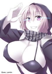 Rule 34 | 10s, 1girl, abyssal ship, alternate breast size, bikini, bikini top only, black bra, bra, breasts, cleavage, female focus, glowing, glowing eyes, grin, hood, hoodie, kantai collection, large breasts, light purple hair, looking at viewer, o-ring, o-ring top, pale skin, pink eyes, re-class battleship, salute, sama samasa, scarf, short hair, smile, solo, swimsuit, twitter username, underwear, upper body, white background