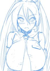 Rule 34 | 1girl, alternate breast size, bare shoulders, blush, breasts, detached sleeves, drawfag, fang, hair ornament, hatsune miku, huge breasts, long hair, maydrawfag, monochrome, necktie, simple background, sketch, solo, twintails, upper body, vocaloid, white background