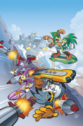 Rule 34 | 1girl, 3boys, blue sky, brown gloves, cloud, cloudy sky, gloves, hoverboard, jet the hawk, matt herms, missile, multiple boys, sky, sonic (series), sonic the hedgehog (archie comics), storm the albatross, tracy yardley, wave the swallow, white gloves