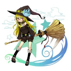 Rule 34 | 1girl, bespectacled, broom, glasses, hat, ico (green bullet), kimidori (ico), long hair, original, smile, solo, star (symbol), witch hat