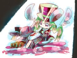 Rule 34 | 1girl, animal ears, blood, corpse, death, green hair, hat, heart, highres, leotard, mad rat, mad rat dead, mouse (animal), mouse ears, mouse girl, mouse tail, nippon ichi, rat god, red eyes, tail, top hat, wings, wrist cuffs
