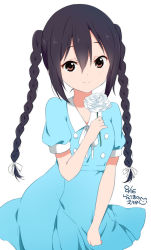 Rule 34 | 1girl, artist name, black hair, blue dress, braid, brown eyes, dated, dress, eyebrows, flower, hair between eyes, hair ribbon, holding, k-on!, k-on! movie, long hair, looking at viewer, nakano azusa, official style, ragho no erika, ribbon, signature, simple background, singing! (k-on!), smile, solo, twin braids, twintails, white background