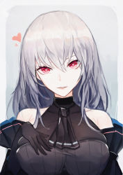 Rule 34 | 1girl, absurdres, arknights, ascot, bare shoulders, black ascot, black gloves, black shirt, breasts, commentary, fanshu, gloves, grin, hair between eyes, hand on own chest, heart, heart-shaped pupils, highres, large breasts, long hair, looking at viewer, no headwear, parted lips, pink eyes, shirt, silver hair, skadi (arknights), smile, solo, symbol-shaped pupils, upper body