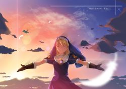 Rule 34 | 1girl, ame no uta, brown gloves, chrno crusade, cloud, evening, feathers, gloves, habit, highres, lens flare, nun, outstretched arms, parted lips, pocket watch, rosette christopher, sky, solo, spread arms, star (sky), sunset, twilight, watch